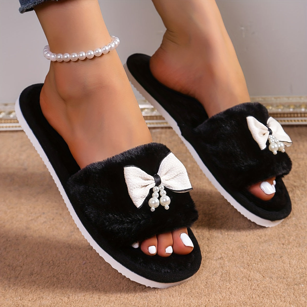 Women'S Black Fuzzy Slippers with Pearl Bow, Cartoon Pattern, Slip-on House Shoes, All-Season Indoor Footwear, Fabric Upper/Inner, EVA Sole, Hand Washable